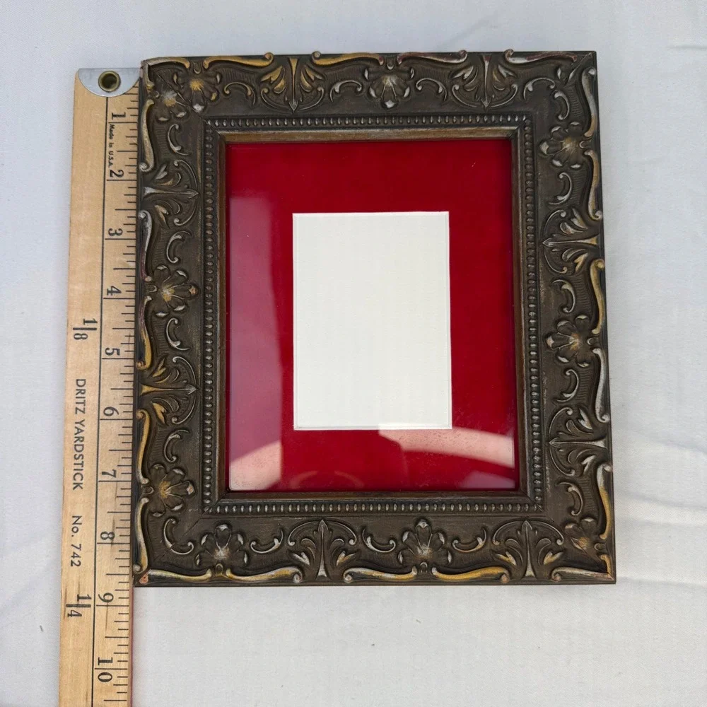 Vintage Ornate Baroque Bronze Gold Picture Frame Red Velvet Mat 8x9.25